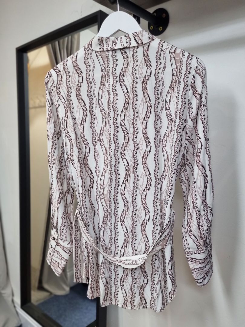 Mint Velvet White Brown Belted Chain Print Blouse - Size 10