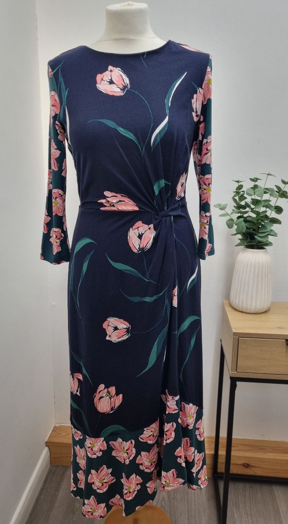 Phase Eight Navy Pink Green Jersey Midi Dress - Size 10