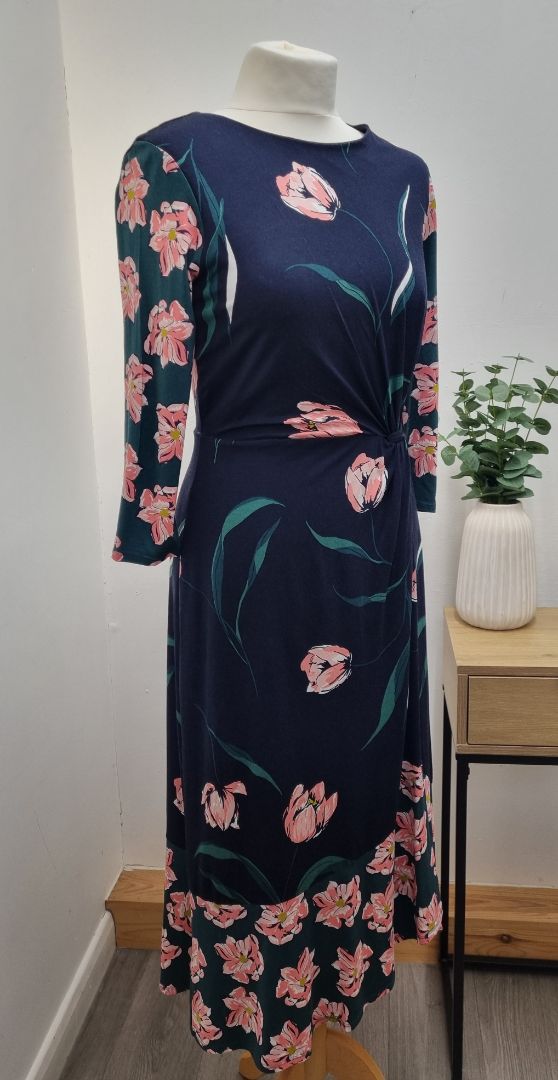 Phase Eight Navy Pink Green Jersey Midi Dress - Size 10