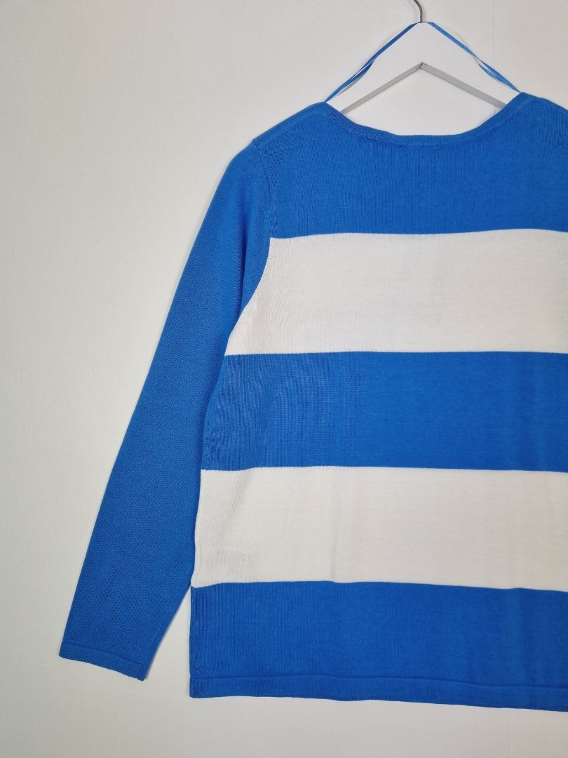 Marble Blue White Striped Fine Knit Jumper - Size 14