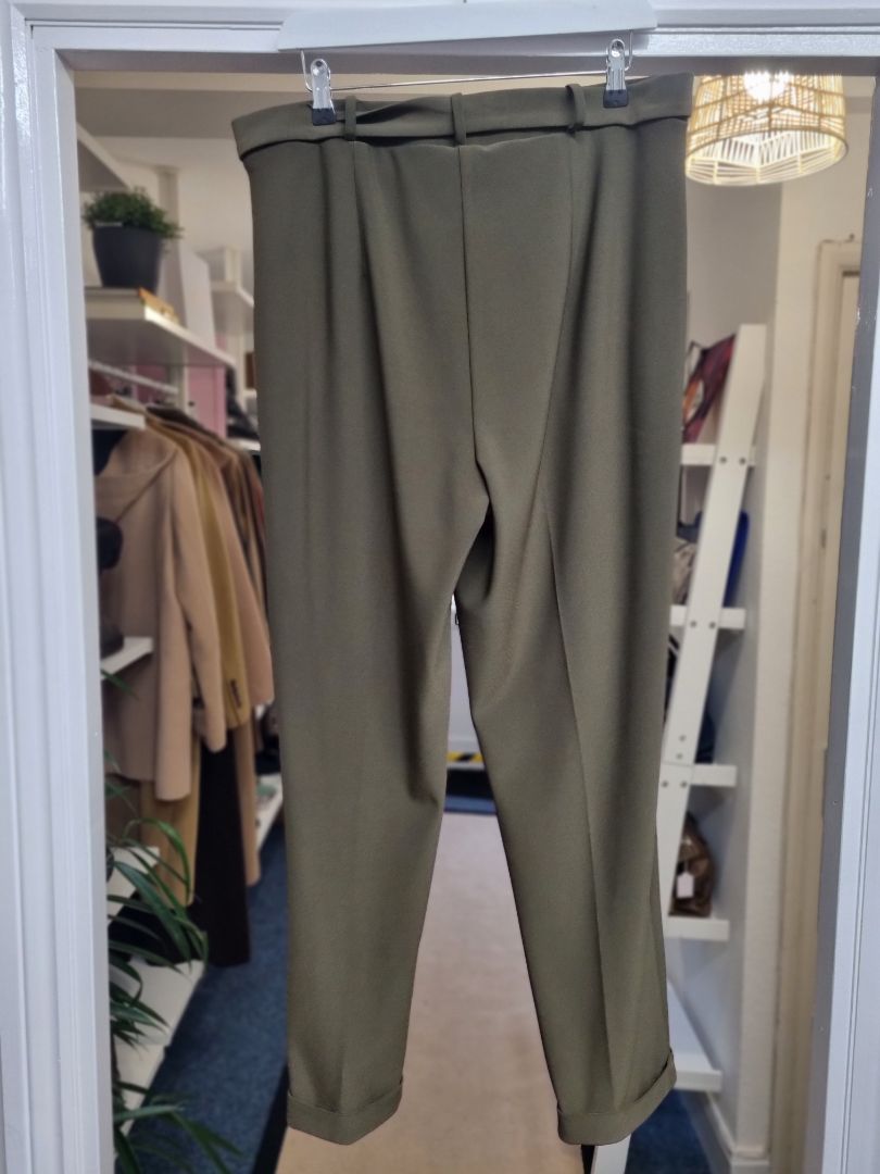 Joseph Ribkoff Khaki Green Tapered Pleated Leg Belted Trousers - Size 16