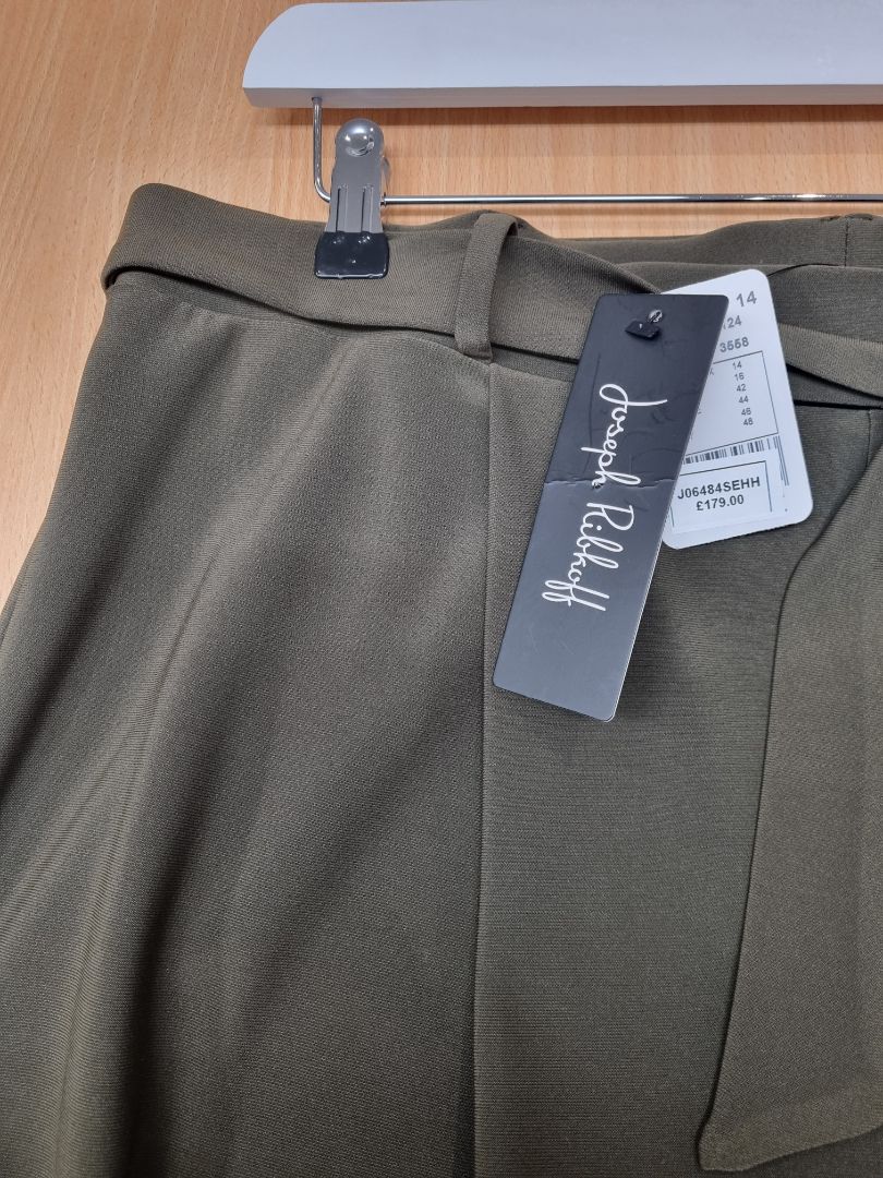 Joseph Ribkoff Khaki Green Tapered Pleated Leg Belted Trousers - Size 16