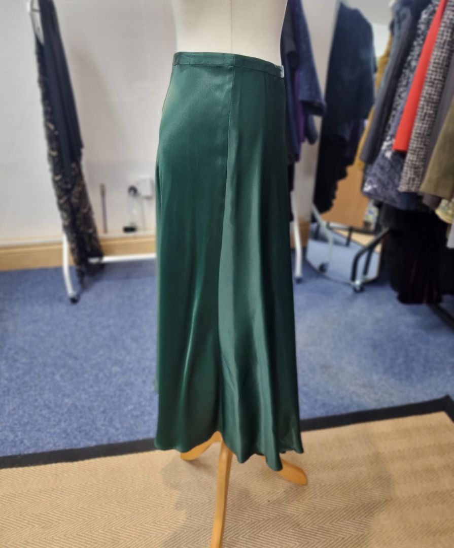 John Lewis Green Satin Midi Skirt - Size 12