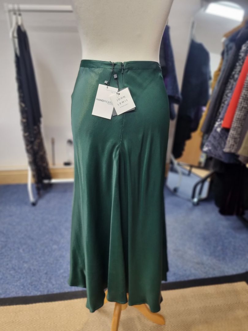 John Lewis Green Satin Midi Skirt - Size 12