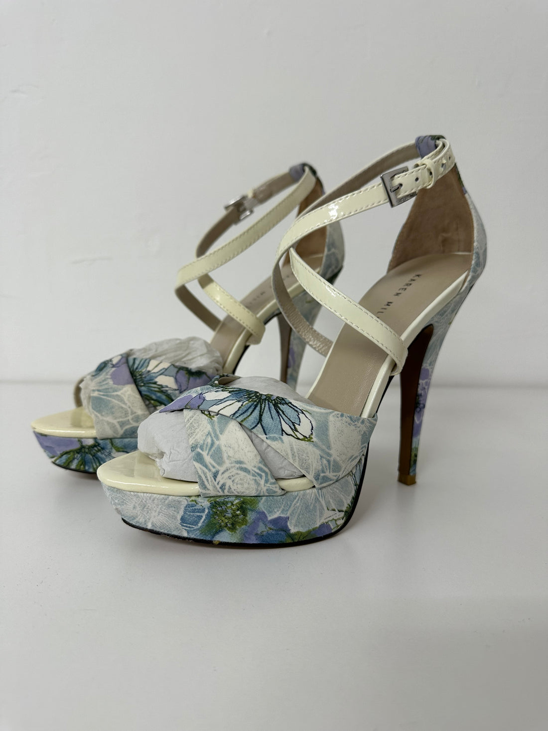 Karen Millen Blue Floral Platform Sandal Heels - Size 5