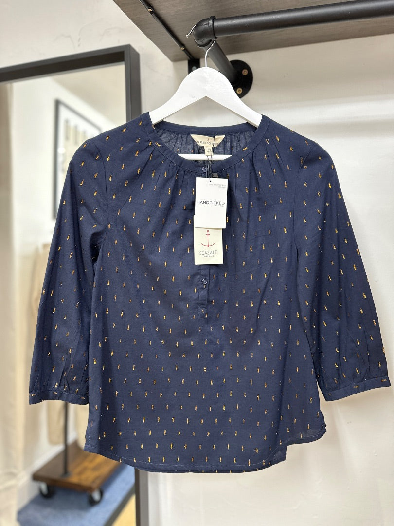 Seasalt Navy Gold Blouse - Size 8