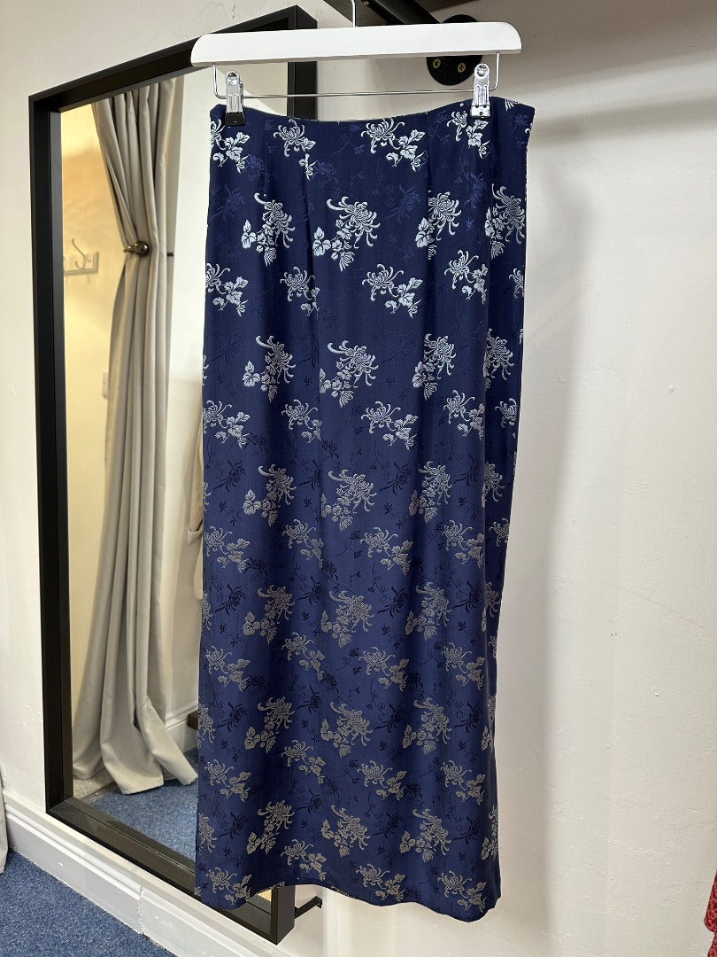 Monsoon Blue Silver Silk Blend Oriental Long pencil Skirt - Size 12