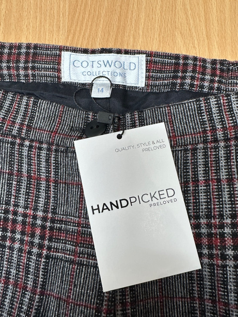 Cotwold Collection Grey Red Checked Wool Blend Tapered Trousers - Size 14