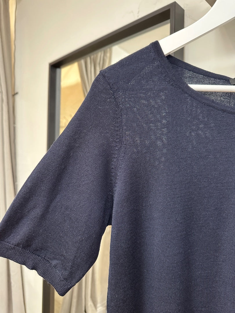 Uniqlo Navy Blue Short Sleeve Wool Fine Knit Top - Size L