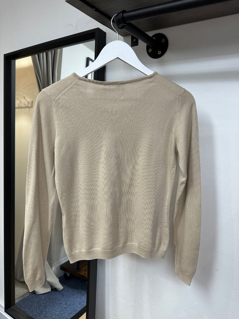 Jaeger Beige Basic Cotton Long Sleeve Top - Size S