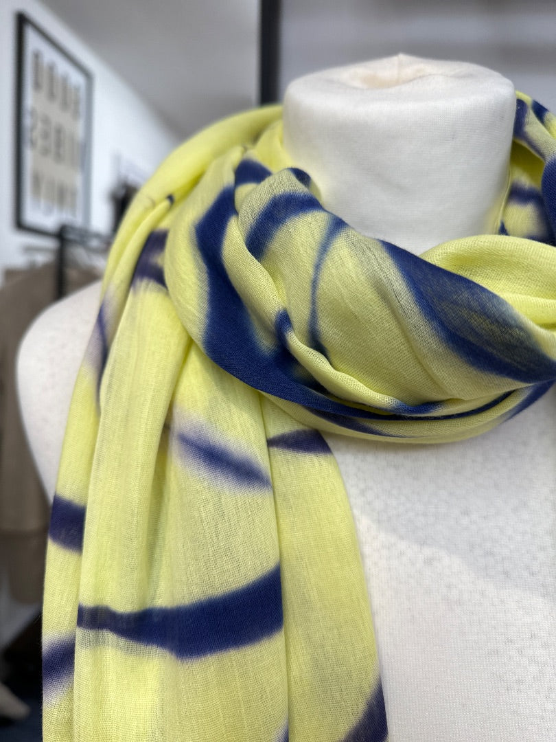 Oska Yellow Blue Pure Cotton Fringe Scarf