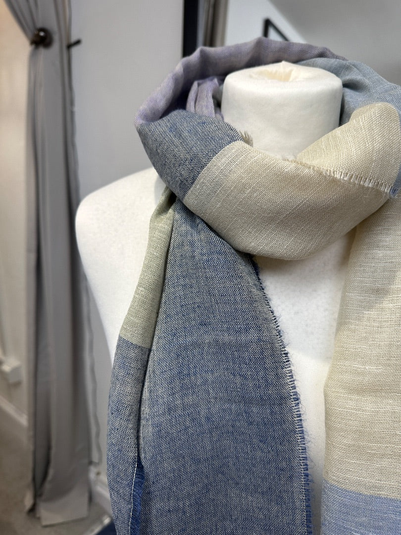 Lochcarron Of Scotland Blue Cream Wool Linen Mix Scarf