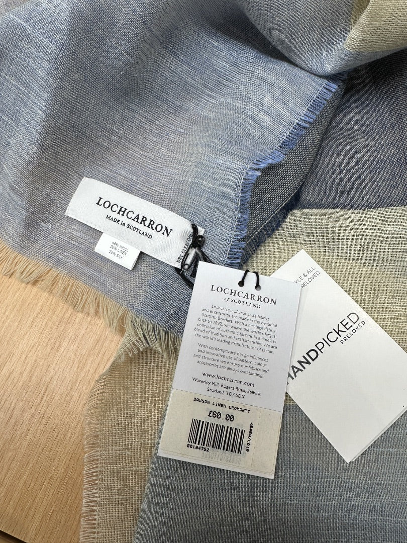 Lochcarron Of Scotland Blue Cream Wool Linen Mix Scarf