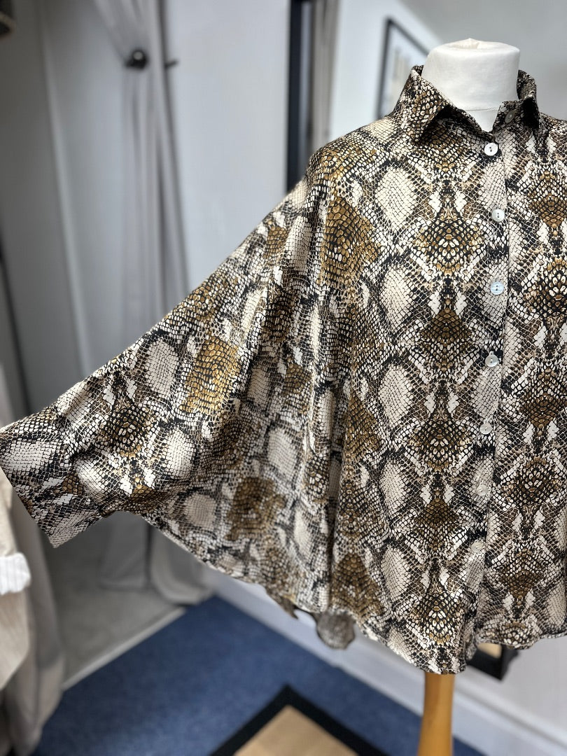 Alembika Brown Beige Oversized Batwing Satin Snake Print Shirt - Size XS (UK 8-10)