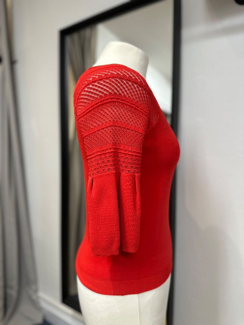 Karen Millen Red Puff Sleeve Fine Knit Jumper - Size XS