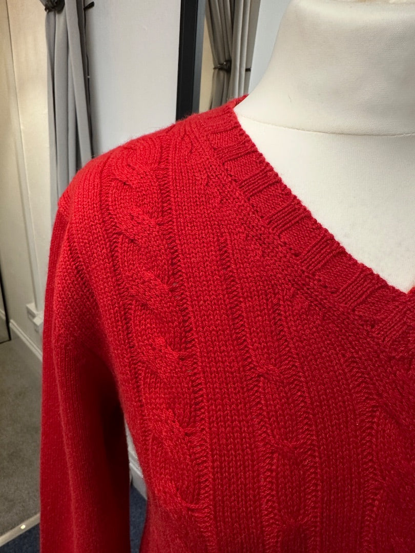 The Cashmere Centre Red Cable Knit V-Neck Cashmere Jumper - Size S