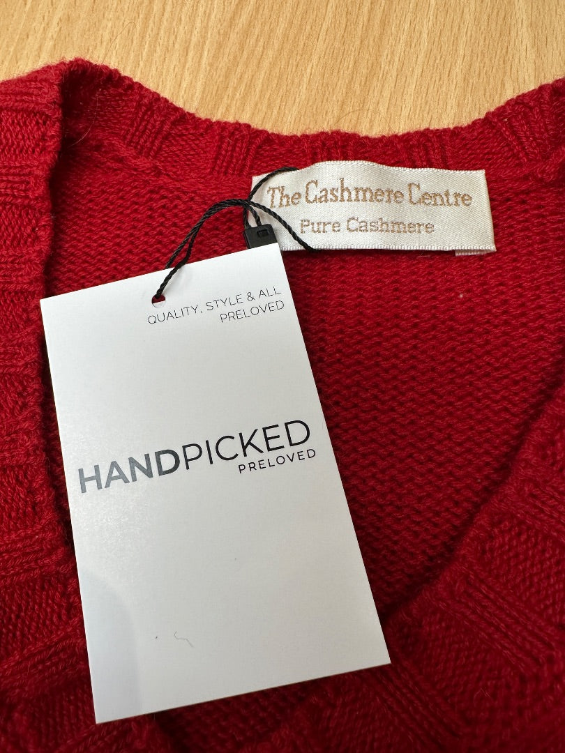 The Cashmere Centre Red Cable Knit V-Neck Cashmere Jumper - Size S