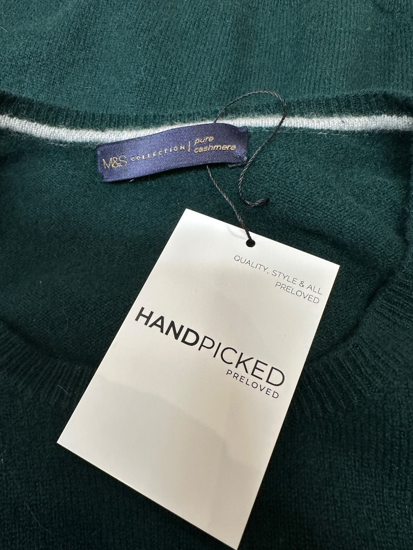 Marks & Spencer Green Cashmere Fine Knit Round Neck Jumper - Size 16