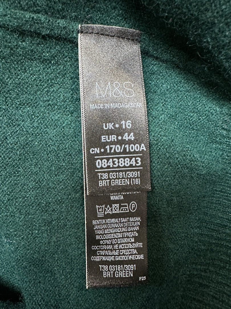 Marks & Spencer Green Cashmere Fine Knit Round Neck Jumper - Size 16