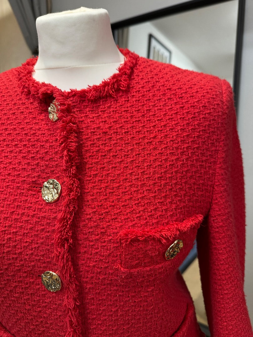 Mango Red Boucle Jacket - Size UK 8-10