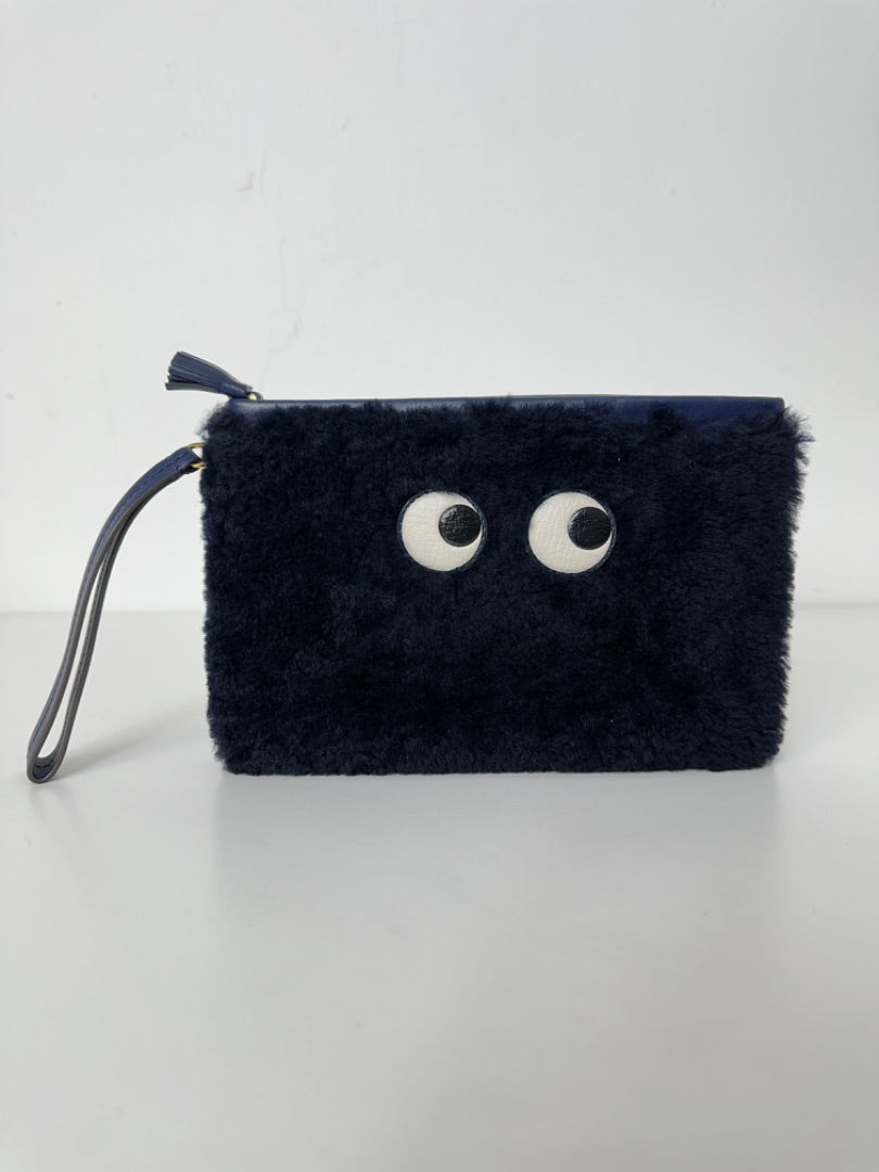 Anya Hindmarch Navy Eyes Shearling Top Zip Clutch