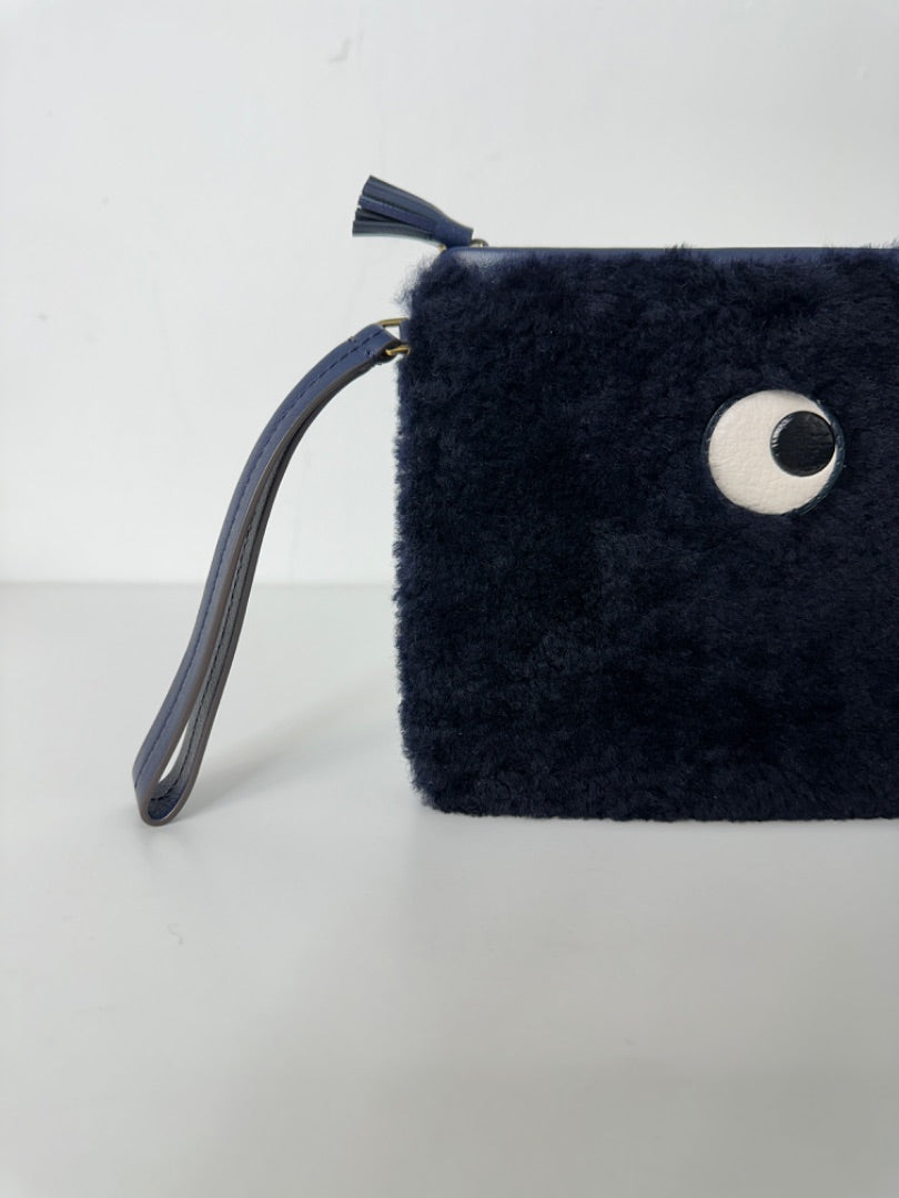 Anya Hindmarch Navy Eyes Shearling Top Zip Clutch