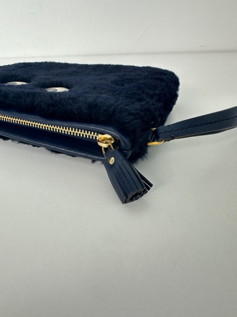 Anya Hindmarch Navy Eyes Shearling Top Zip Clutch