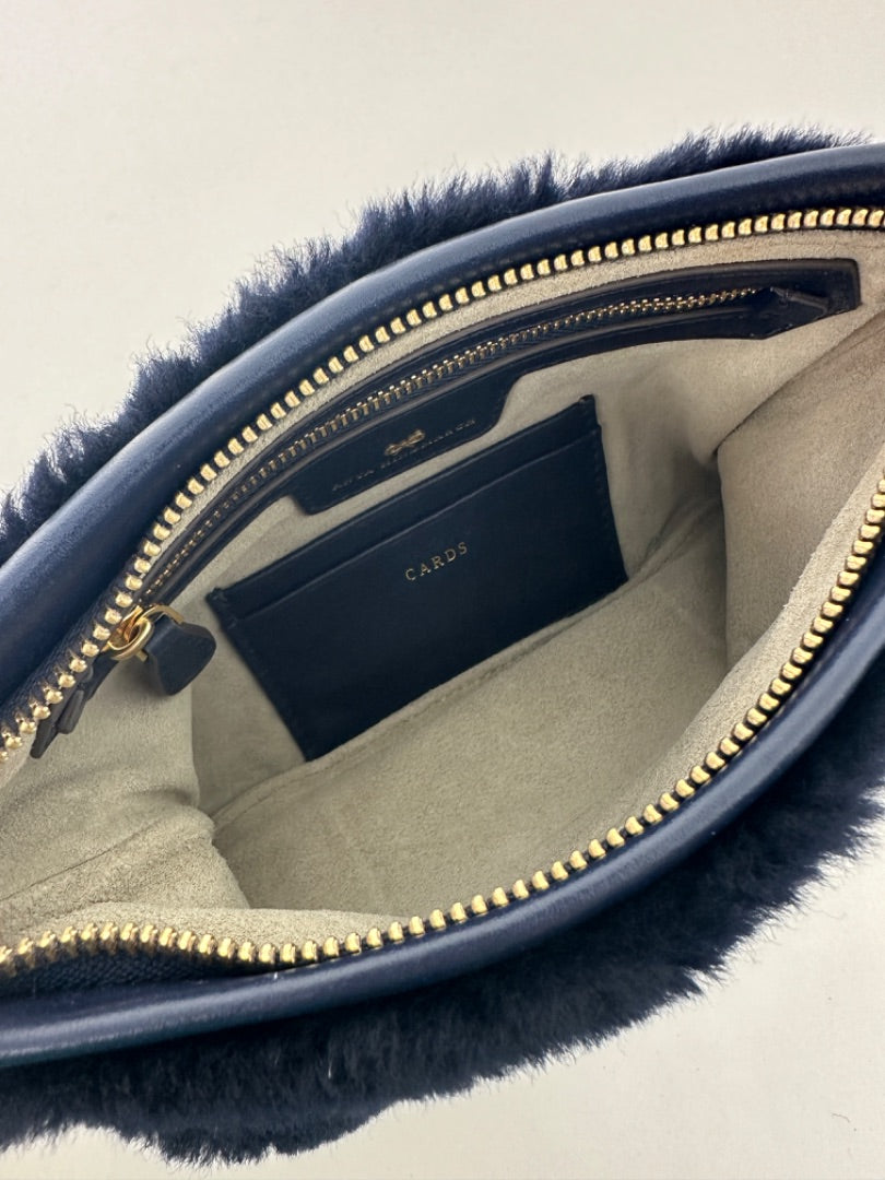 Anya Hindmarch Navy Eyes Shearling Top Zip Clutch