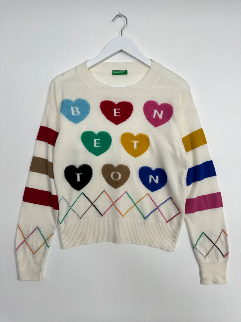 Benetton Cream Spell Out Heart Jumper - Size 10