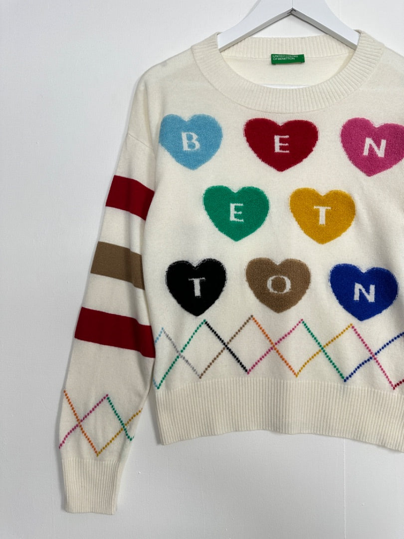 Benetton Cream Spell Out Heart Jumper - Size 10