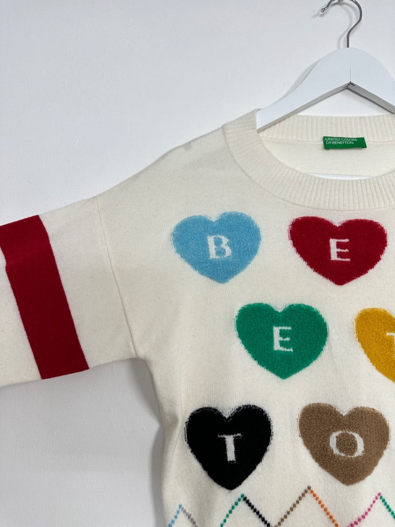 Benetton Cream Spell Out Heart Jumper - Size 10