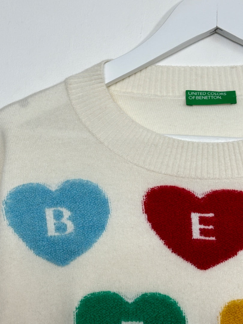 Benetton Cream Spell Out Heart Jumper - Size 10