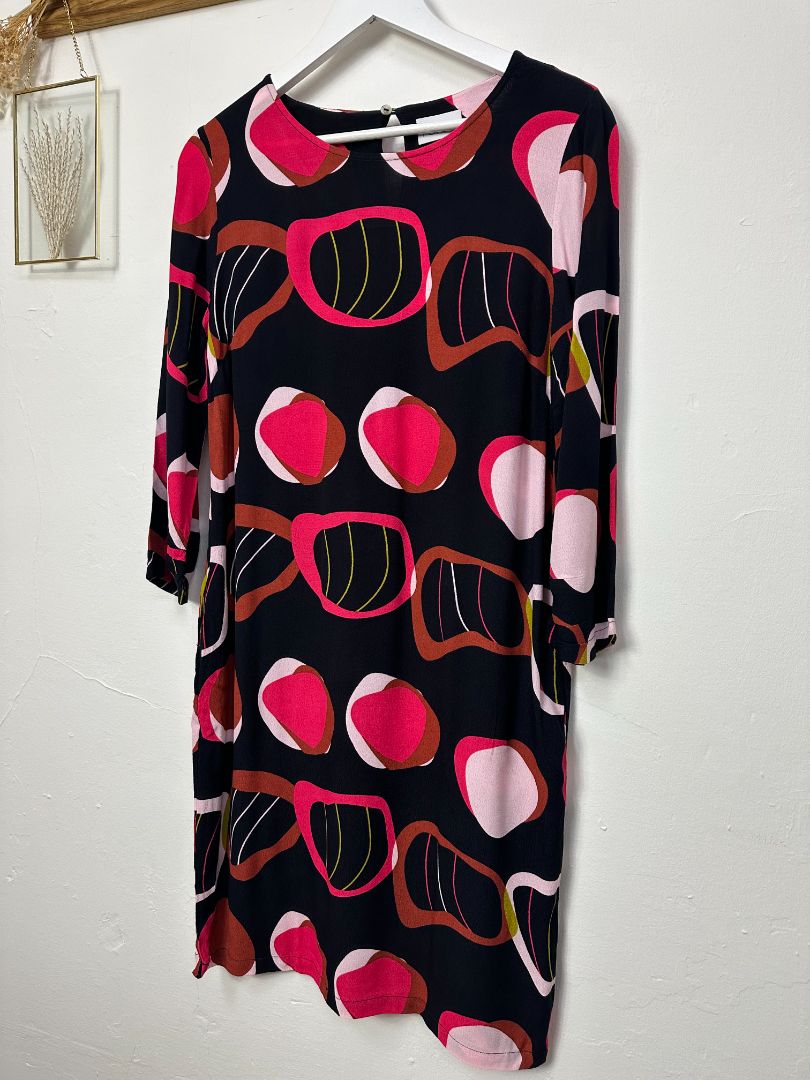 Foil Black Pink Bold Print Pocket Shift Dress - Size 8