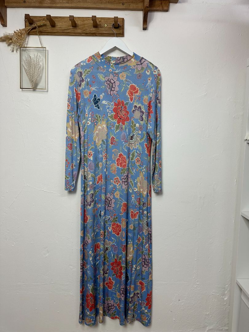 Rixo Blue Floral Print Jersey Turtle Neck Midi Dress - Size 12