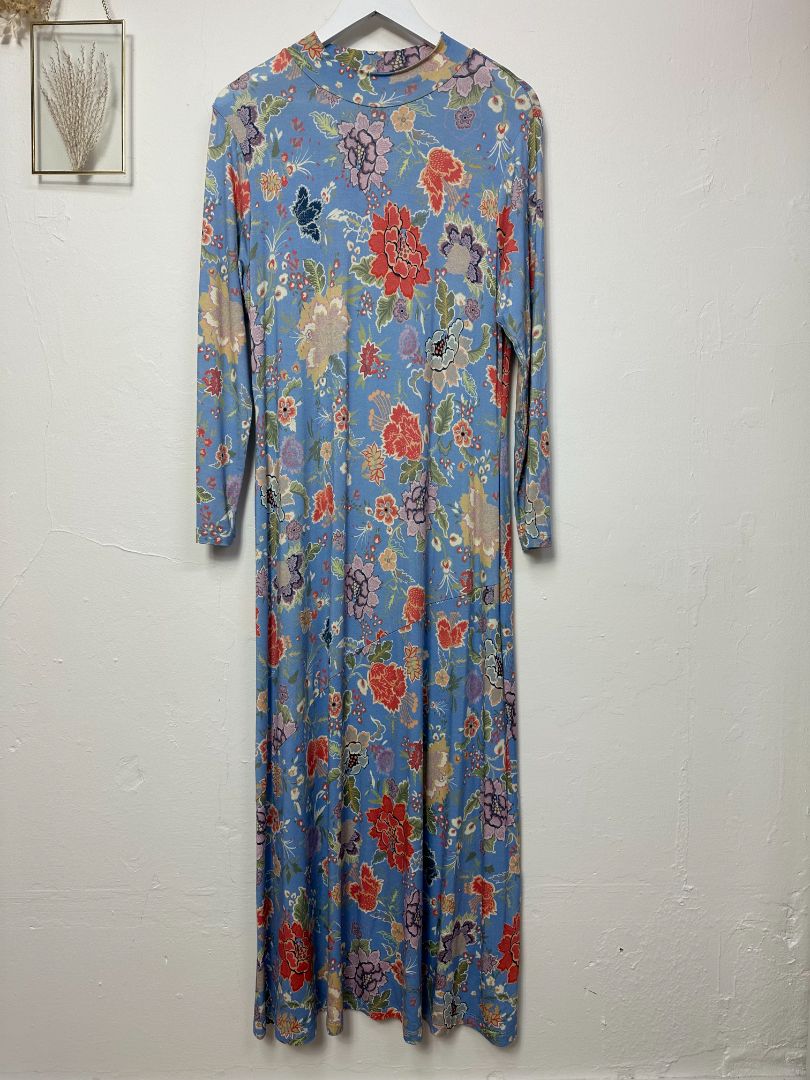 Rixo Blue Floral Print Jersey Turtle Neck Midi Dress - Size 12