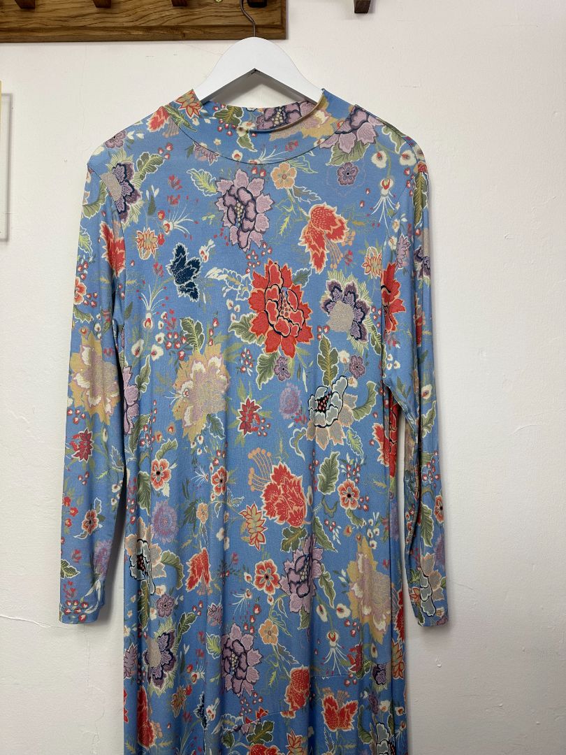 Rixo Blue Floral Print Jersey Turtle Neck Midi Dress - Size 12