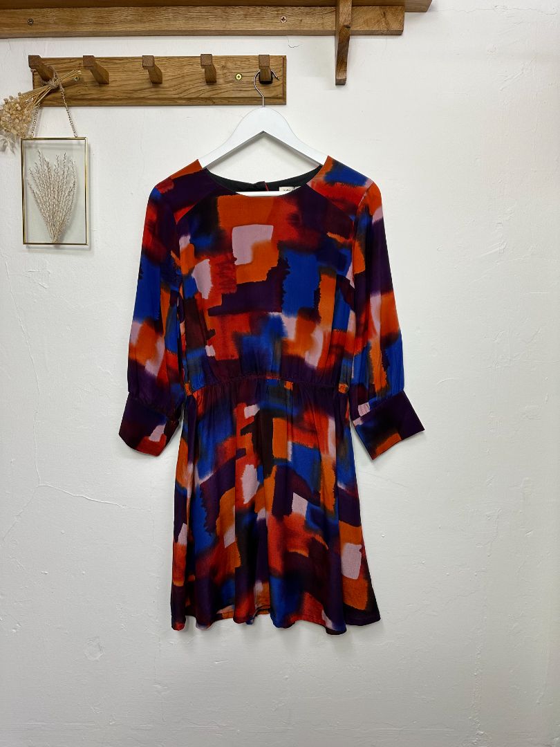 Toast Orange Blue Silk Abstract Print Gathered Waist Dress - Size 10