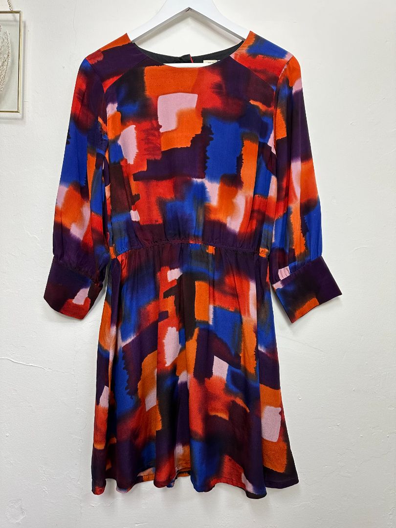 Toast Orange Blue Silk Abstract Print Gathered Waist Dress - Size 10