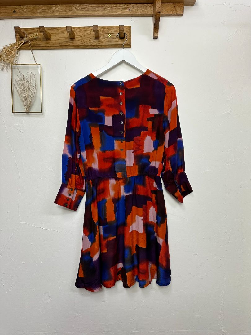 Toast Orange Blue Silk Abstract Print Gathered Waist Dress - Size 10