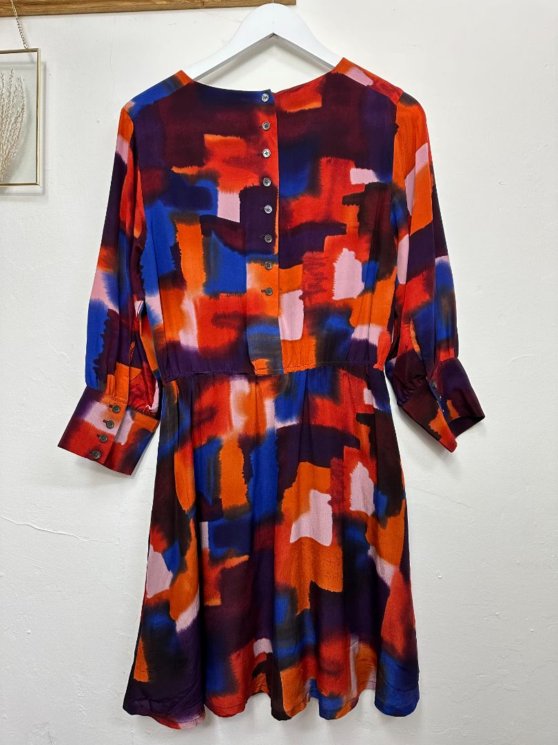 Toast Orange Blue Silk Abstract Print Gathered Waist Dress - Size 10