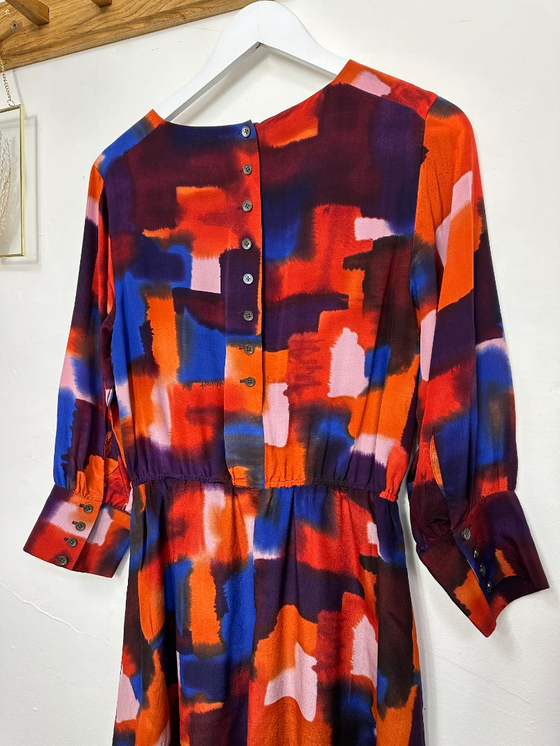 Toast Orange Blue Silk Abstract Print Gathered Waist Dress - Size 10